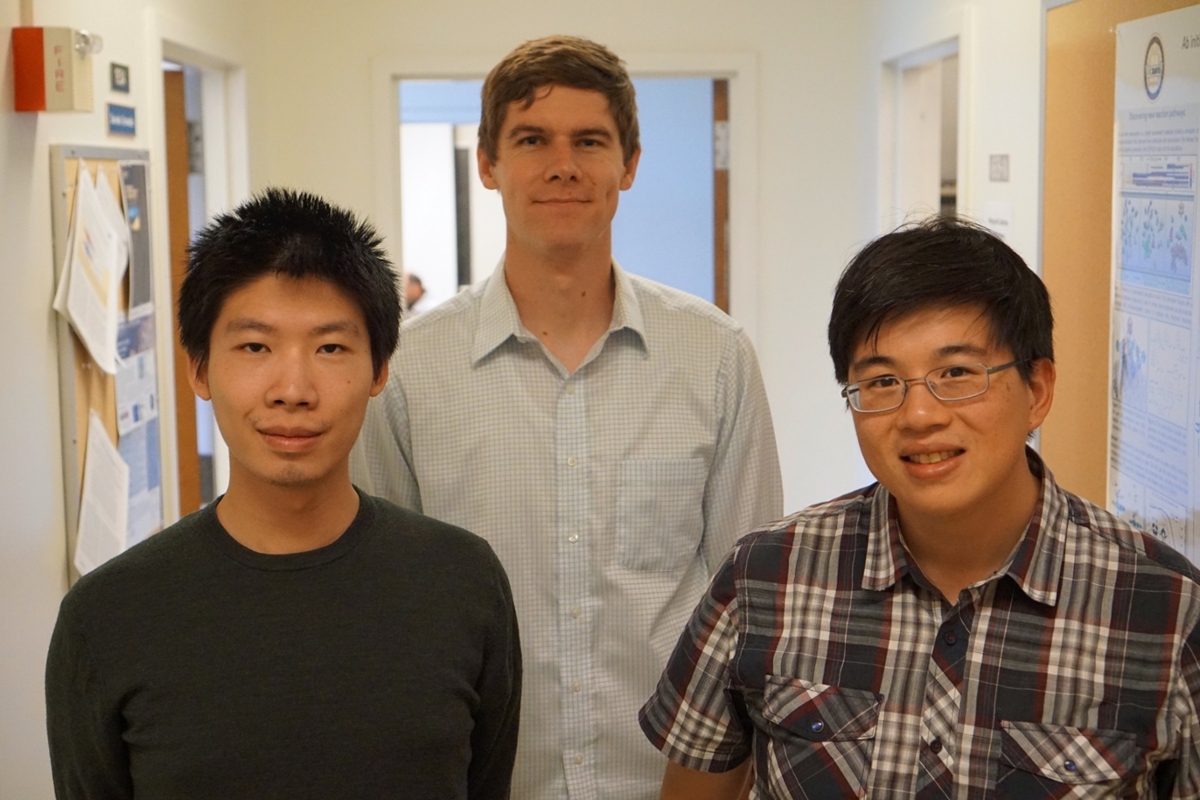 Postdoctoral researcher Yudong Qui, graduate student Marshall Hutchings and Professor Lee-Ping Wang