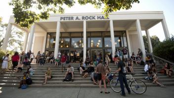 Students gather outside Peter Rock Hall at UC Davis before class on the first day of the fall quarter, on September 27, 2012.