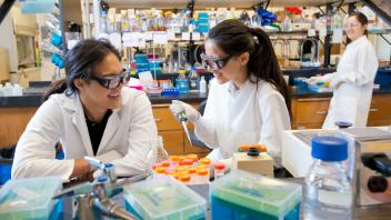 Two graduate students working in a lab.