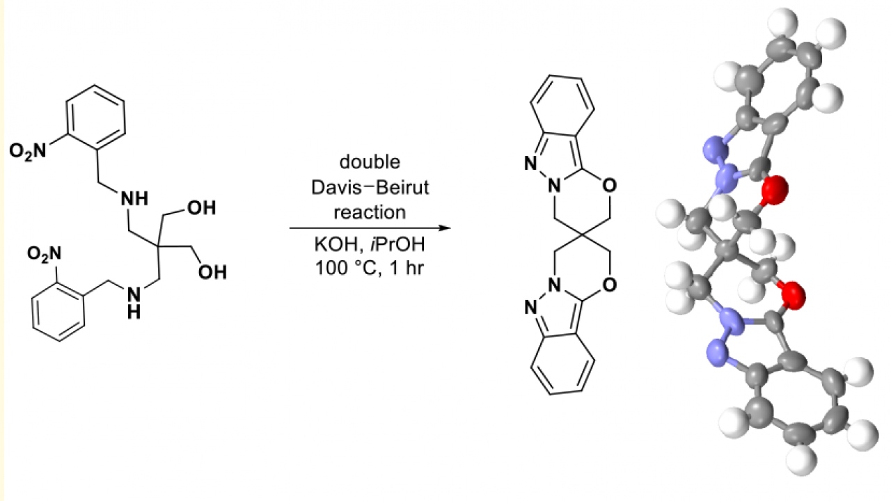 Reaction mechanism with 3-D rendering of product on right.