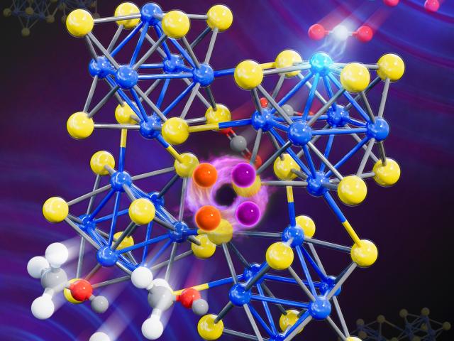 A three dimensional rendering of a heterointercalant Chevrel phase sulfide structure